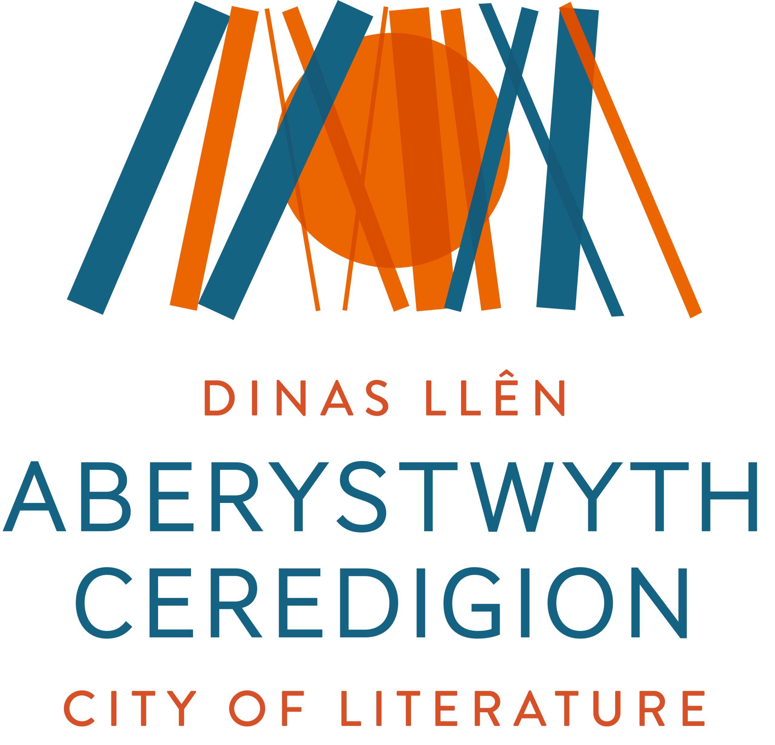 Logo Dinas Llên Aberystwyth Ceredigion gyda delwedd meingefnau llyfrau a  haul yn machlud 